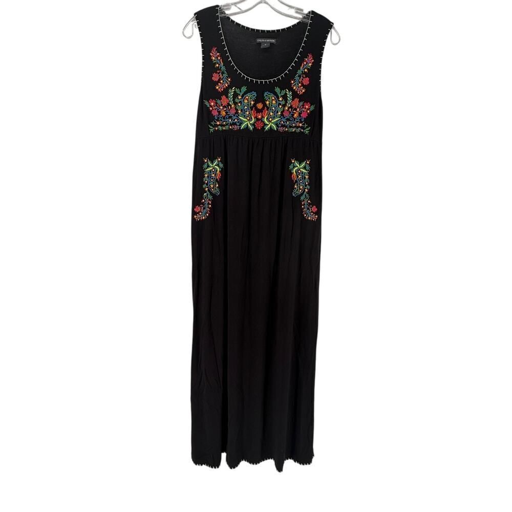 Chelsea Theodore Maxi Dress Black Floral Embroidered Size M Stretch Jersey Boho